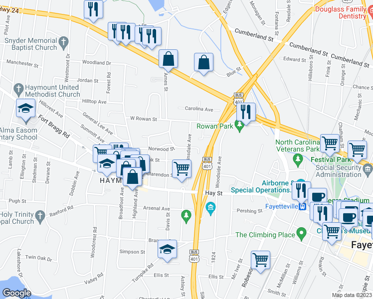 map of restaurants, bars, coffee shops, grocery stores, and more near 215 Hinsdale Avenue in Fayetteville
