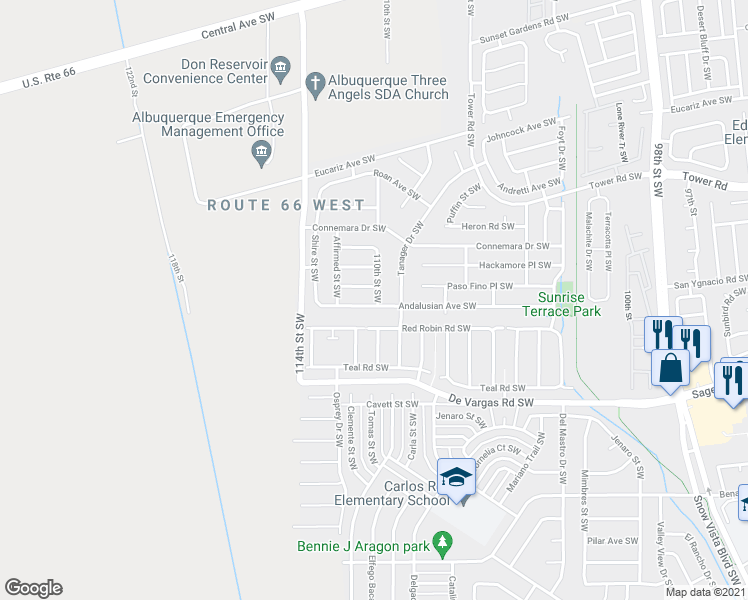 map of restaurants, bars, coffee shops, grocery stores, and more near 844 110th Street Southwest in Albuquerque