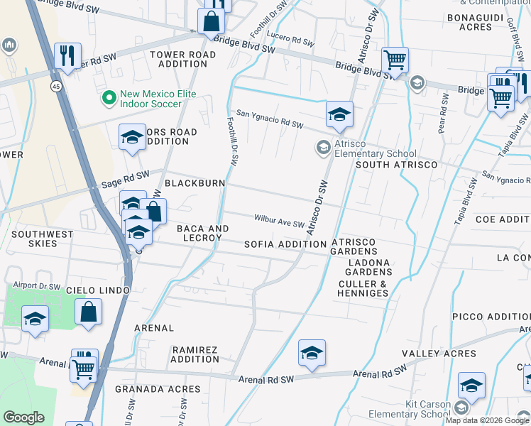 map of restaurants, bars, coffee shops, grocery stores, and more near 2608 Rosendo Garcia Road Southwest in Albuquerque