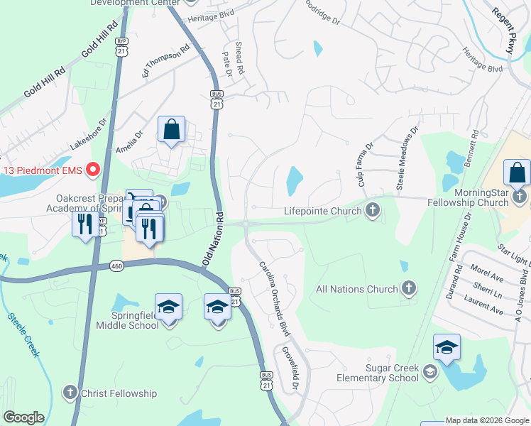 map of restaurants, bars, coffee shops, grocery stores, and more near 3005 Bartlett Street in Fort Mill