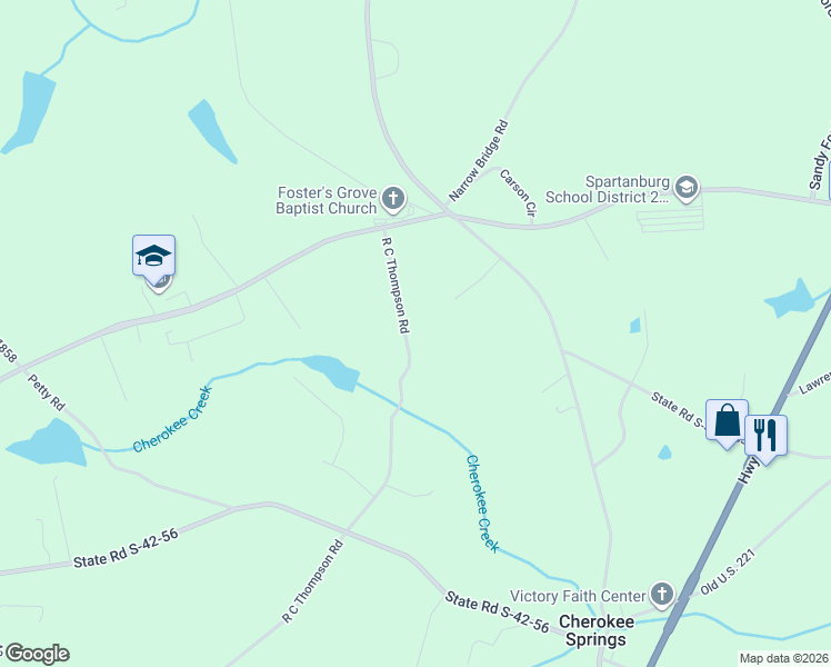 map of restaurants, bars, coffee shops, grocery stores, and more near R C Thompson Road in Chesnee