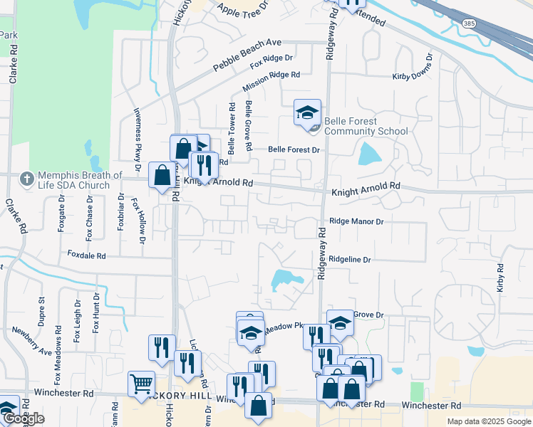 map of restaurants, bars, coffee shops, grocery stores, and more near 6080 Braxton Court in Memphis