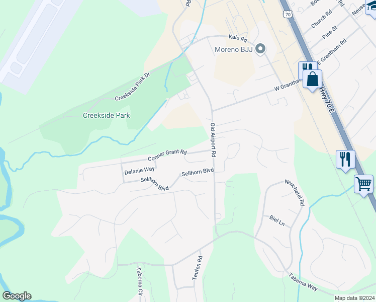 map of restaurants, bars, coffee shops, grocery stores, and more near 114 Conner Grant Road in New Bern