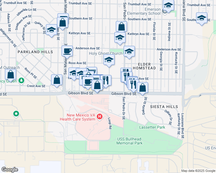 map of restaurants, bars, coffee shops, grocery stores, and more near 1400 Cardenas Drive Southeast in Albuquerque