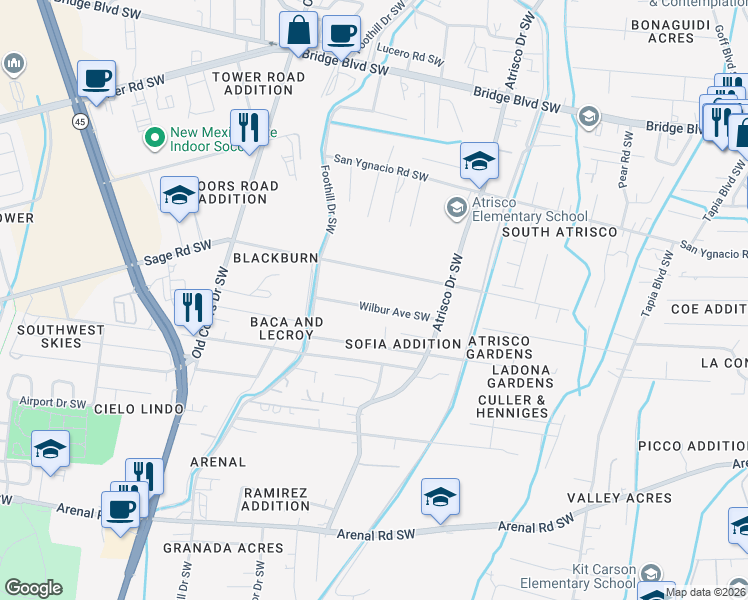 map of restaurants, bars, coffee shops, grocery stores, and more near 2608 Rosendo Garcia Road Southwest in Albuquerque