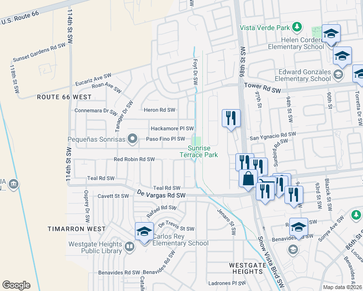 map of restaurants, bars, coffee shops, grocery stores, and more near 10304 Paso Fino Place Southwest in Albuquerque