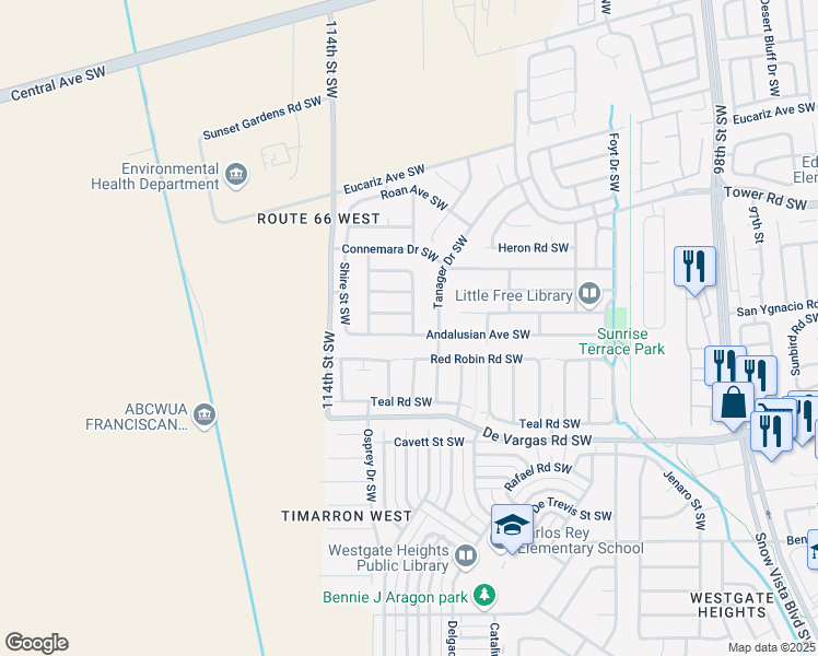 map of restaurants, bars, coffee shops, grocery stores, and more near 844 110th Street Southwest in Albuquerque
