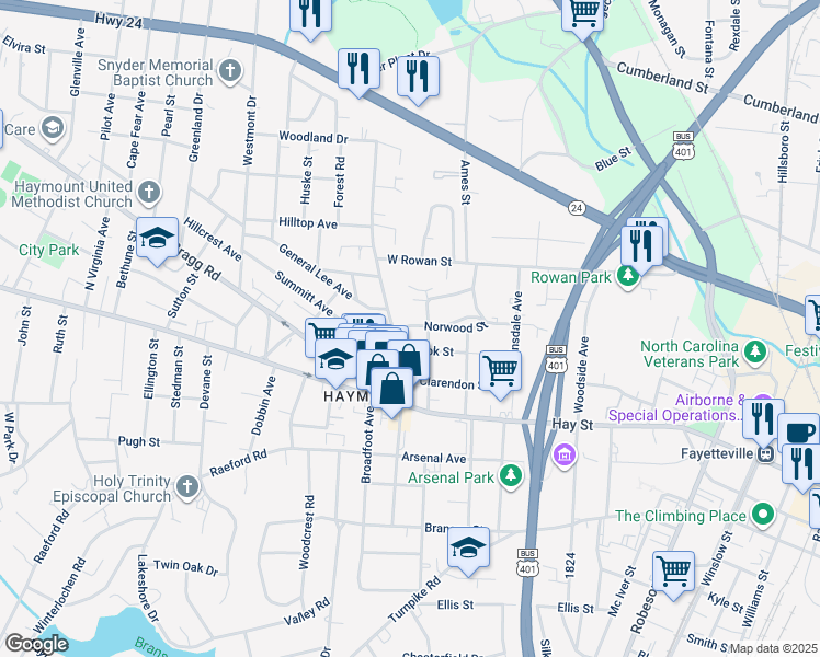 map of restaurants, bars, coffee shops, grocery stores, and more near 1106 Norwood Street in Fayetteville
