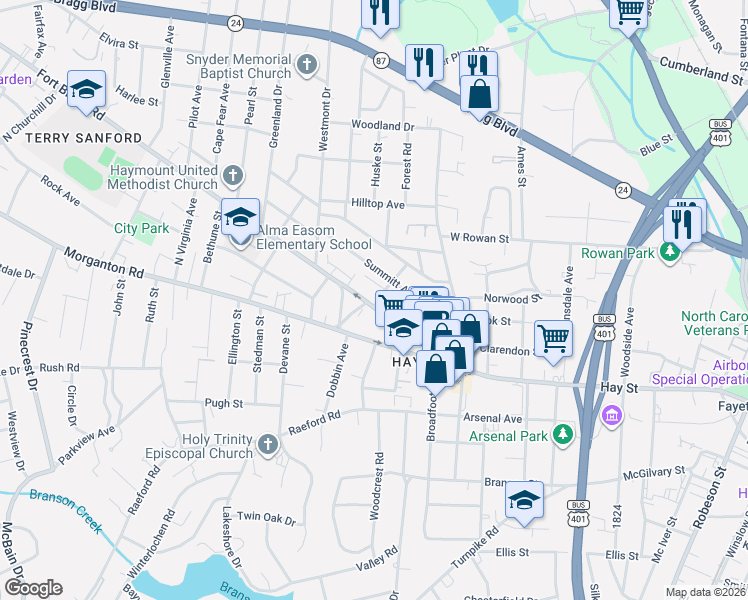 map of restaurants, bars, coffee shops, grocery stores, and more near 1407 Morganton Road in Fayetteville