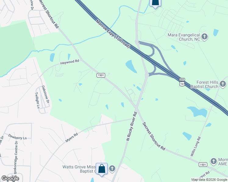 map of restaurants, bars, coffee shops, grocery stores, and more near 5205 Secrest Short Cut Road in Monroe