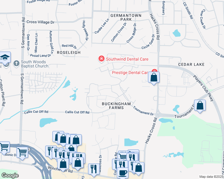 map of restaurants, bars, coffee shops, grocery stores, and more near 7884 Silver Lake Lane in Memphis