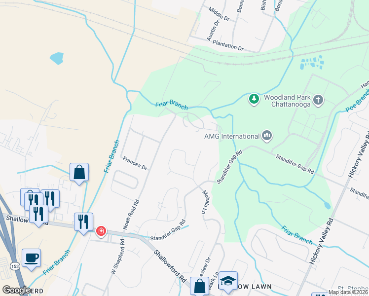 map of restaurants, bars, coffee shops, grocery stores, and more near 2342 Marco Circle in Chattanooga
