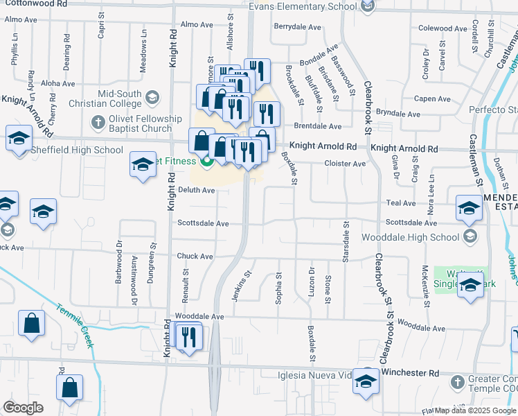 map of restaurants, bars, coffee shops, grocery stores, and more near 3285 Gaylord Lane in Memphis