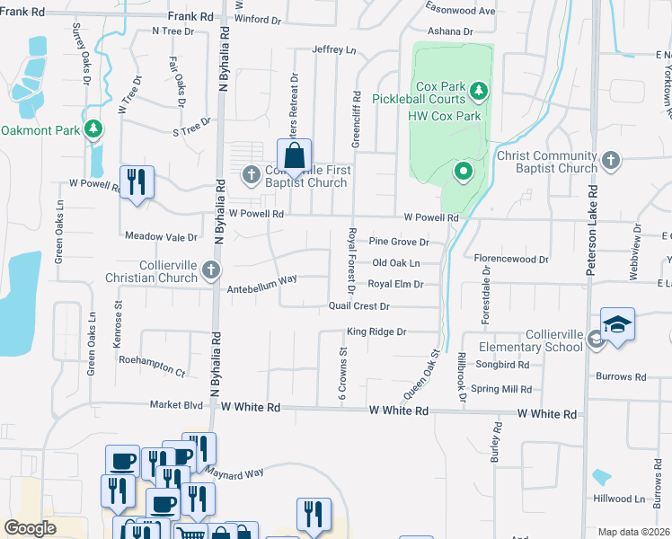 map of restaurants, bars, coffee shops, grocery stores, and more near 742 Evans View Lane in Collierville