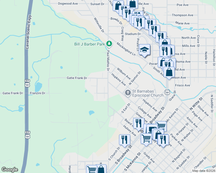 map of restaurants, bars, coffee shops, grocery stores, and more near 105 Paul Mathis Drive in Poteau