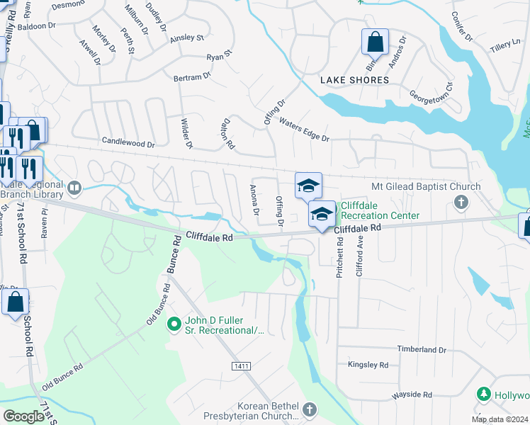 map of restaurants, bars, coffee shops, grocery stores, and more near 6095 Shaloam Court in Fayetteville