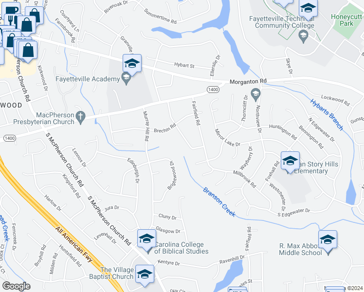 map of restaurants, bars, coffee shops, grocery stores, and more near 324 Glenburney Drive in Fayetteville