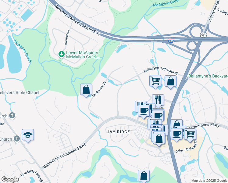 map of restaurants, bars, coffee shops, grocery stores, and more near 14120 Ballantyne Corporate Place in Charlotte