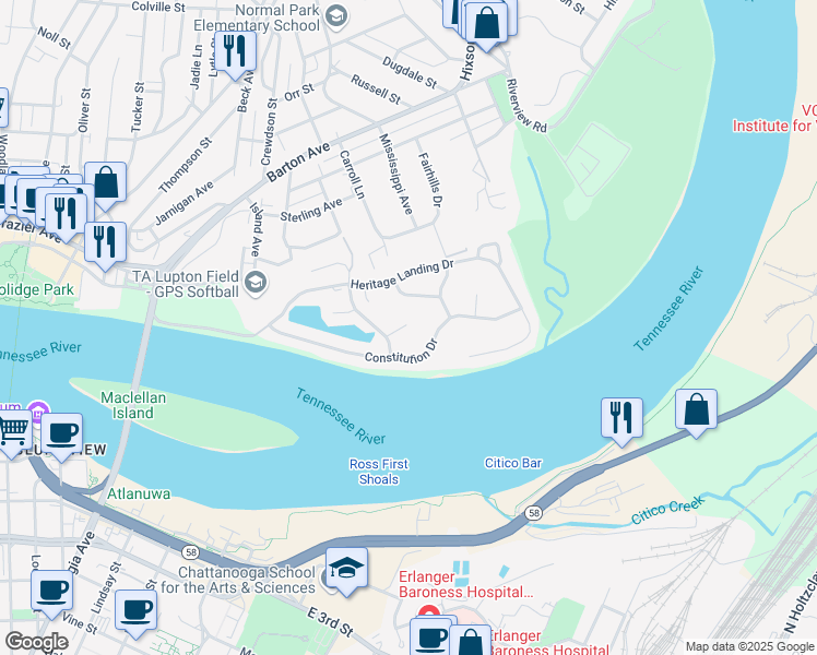 map of restaurants, bars, coffee shops, grocery stores, and more near 1007 Southbridge Lane in Chattanooga