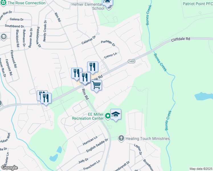 map of restaurants, bars, coffee shops, grocery stores, and more near 7423 Shillinglaw Circle in Fayetteville