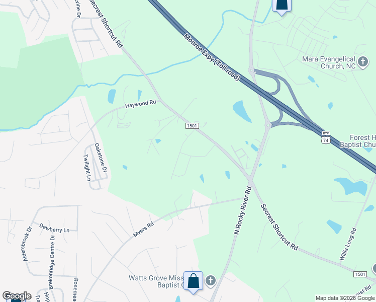 map of restaurants, bars, coffee shops, grocery stores, and more near 5303 Secrest Short Cut Road in Monroe