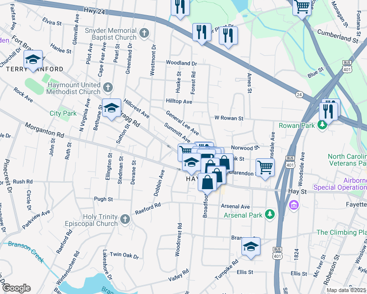 map of restaurants, bars, coffee shops, grocery stores, and more near 1319 Morgan Lane in Fayetteville