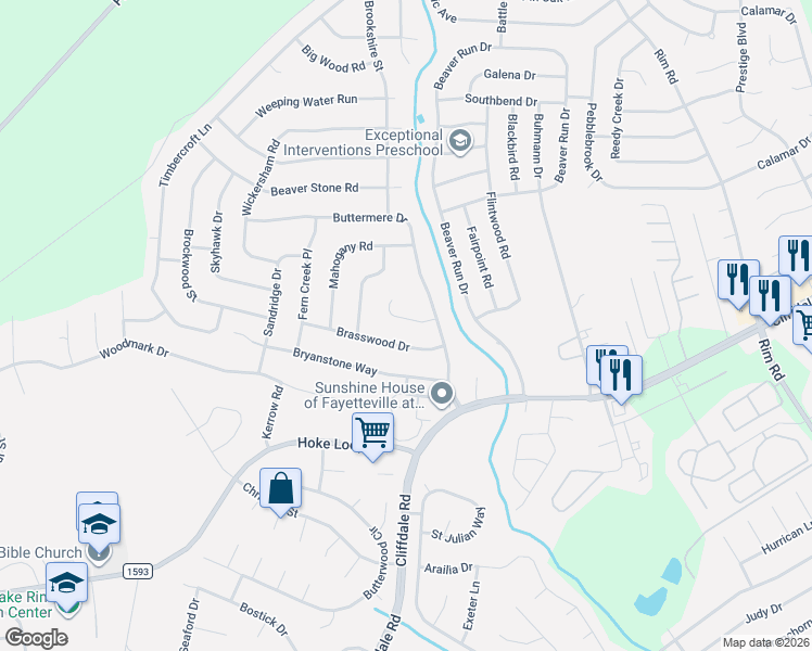 map of restaurants, bars, coffee shops, grocery stores, and more near 6824 Brush Creek Road in Fayetteville