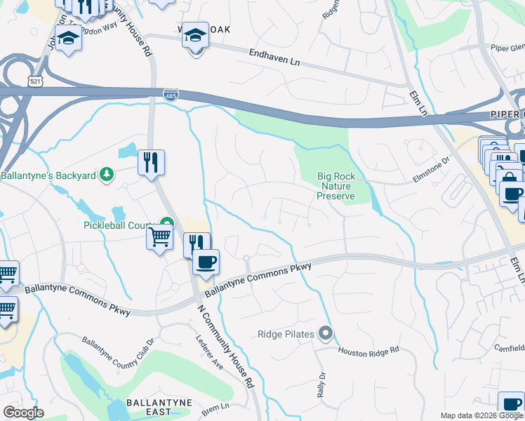 map of restaurants, bars, coffee shops, grocery stores, and more near 10921 Back Ridge Road in Charlotte
