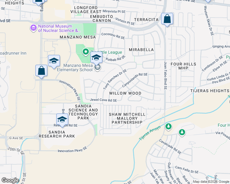 map of restaurants, bars, coffee shops, grocery stores, and more near 1100 Salinas Street Southeast in Albuquerque