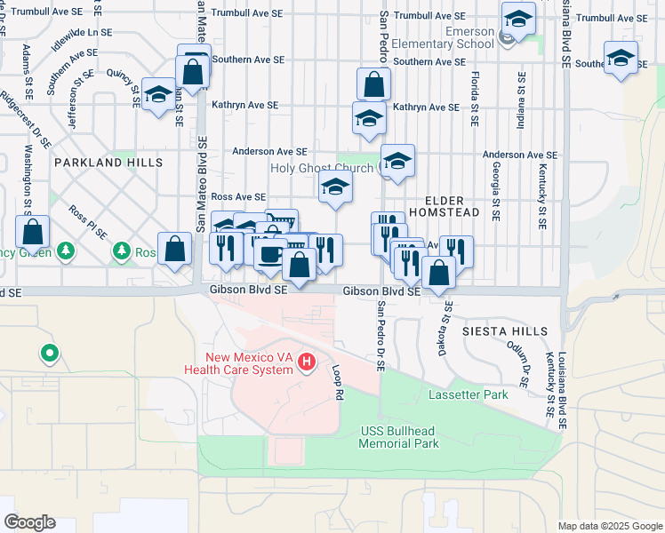 map of restaurants, bars, coffee shops, grocery stores, and more near 1400 Cardenas Drive Southeast in Albuquerque