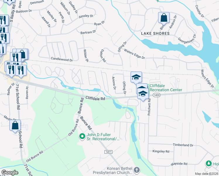 map of restaurants, bars, coffee shops, grocery stores, and more near 508 Regency Drive in Fayetteville