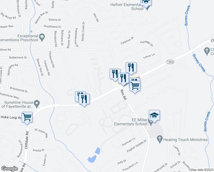 map of restaurants, bars, coffee shops, grocery stores, and more near 1315 Braybrooke Place in Fayetteville