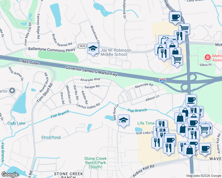 map of restaurants, bars, coffee shops, grocery stores, and more near 5519 Cactus Valley Road in Charlotte