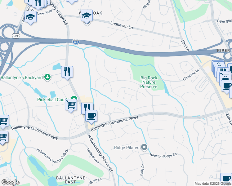 map of restaurants, bars, coffee shops, grocery stores, and more near 10921 Back Ridge Road in Charlotte
