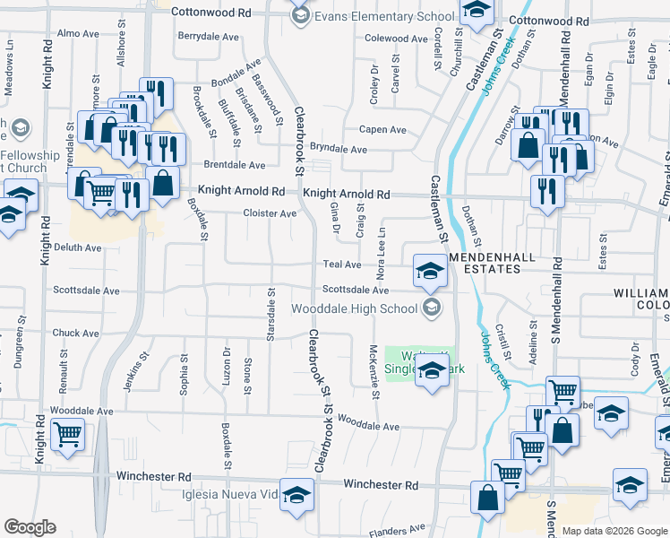 map of restaurants, bars, coffee shops, grocery stores, and more near 5010 Teal Avenue in Memphis