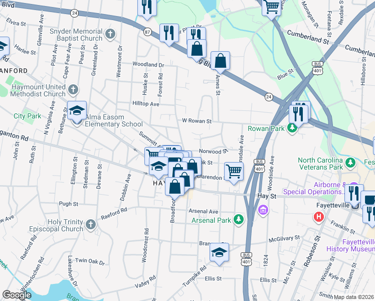 map of restaurants, bars, coffee shops, grocery stores, and more near 1114 Norwood Street in Fayetteville