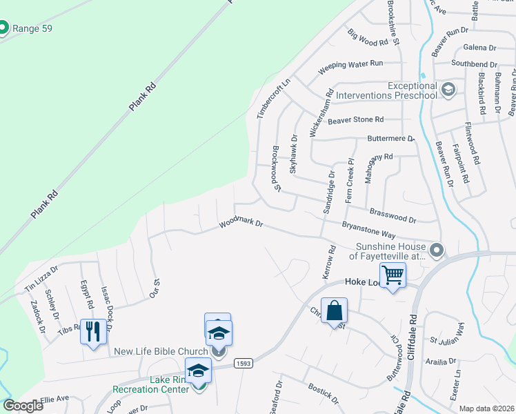 map of restaurants, bars, coffee shops, grocery stores, and more near 6819 Timbercroft Lane in Fayetteville