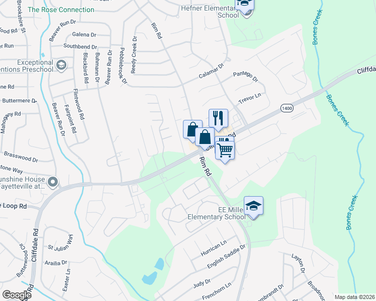 map of restaurants, bars, coffee shops, grocery stores, and more near 8200 Cliffdale Road in Fayetteville