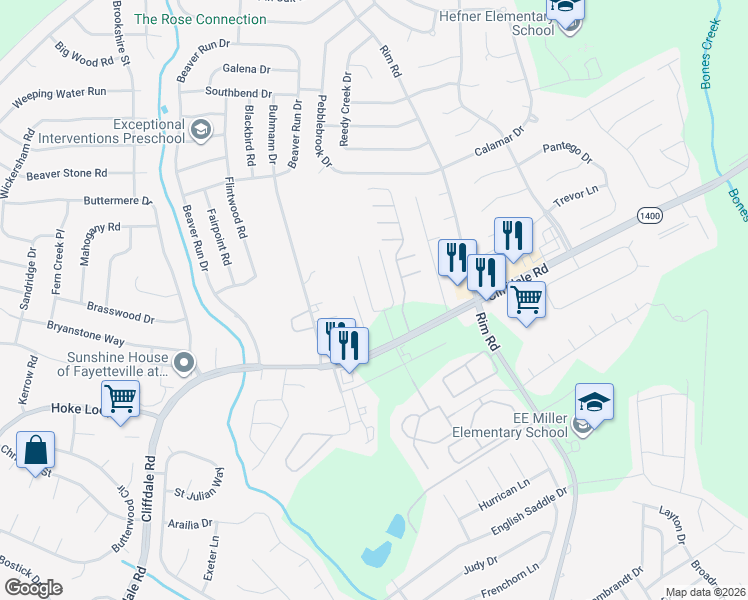map of restaurants, bars, coffee shops, grocery stores, and more near 1141 Glen Iris Drive in Fayetteville