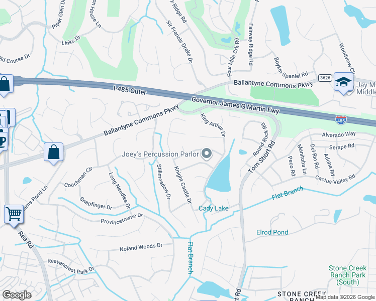 map of restaurants, bars, coffee shops, grocery stores, and more near 5002 Jordanus Court in Charlotte