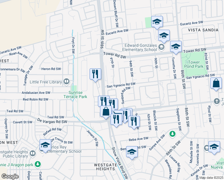 map of restaurants, bars, coffee shops, grocery stores, and more near 9722 Westbound Avenue Southwest in Albuquerque