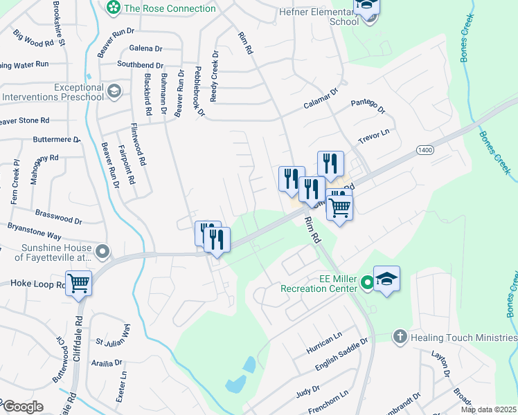 map of restaurants, bars, coffee shops, grocery stores, and more near 1321 Braybrooke Place in Fayetteville