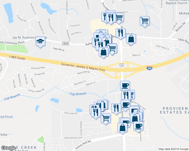 map of restaurants, bars, coffee shops, grocery stores, and more near 7138 Maricopa Road in Charlotte
