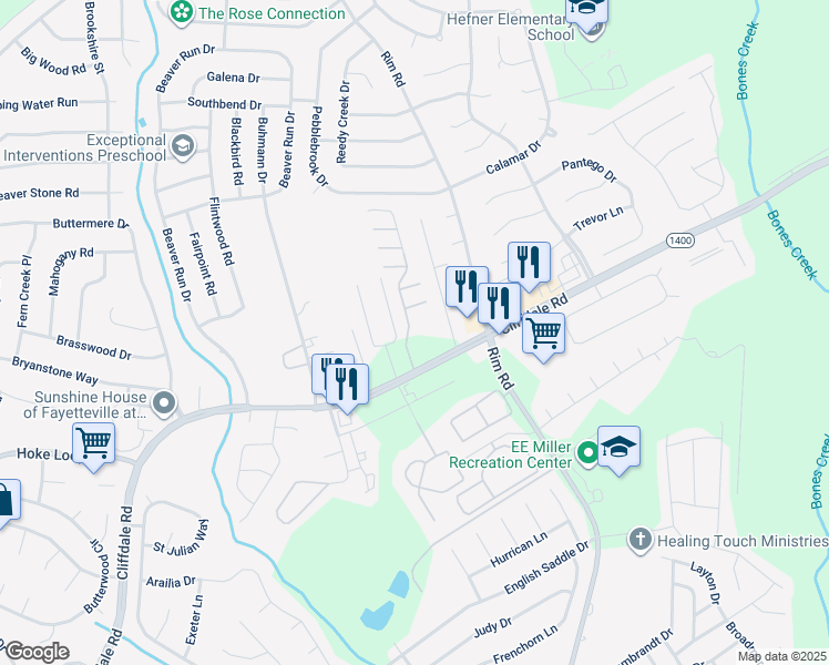 map of restaurants, bars, coffee shops, grocery stores, and more near 1321 Braybrooke Place in Fayetteville