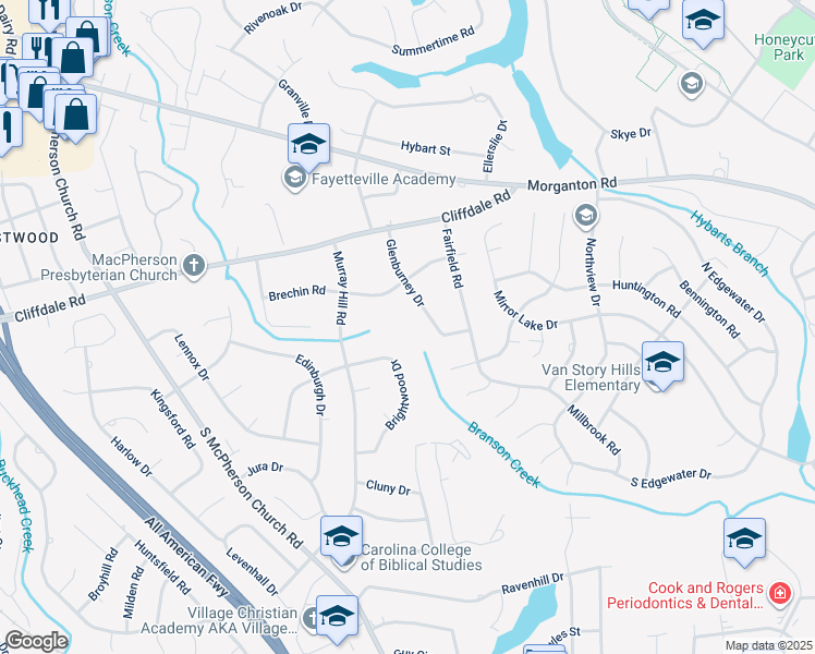 map of restaurants, bars, coffee shops, grocery stores, and more near 320 Glenburney Drive in Fayetteville