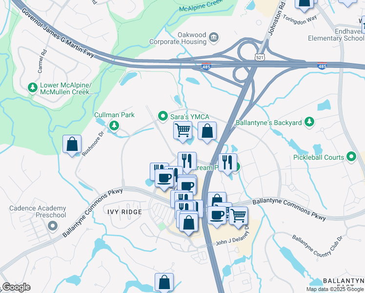 map of restaurants, bars, coffee shops, grocery stores, and more near 15720 John J Delaney Drive in Charlotte