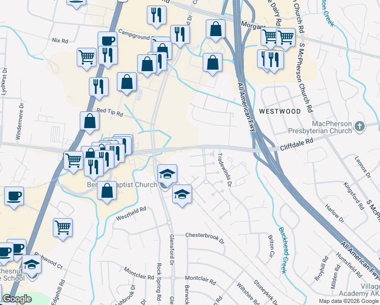 map of restaurants, bars, coffee shops, grocery stores, and more near 4618 Dow Court in Fayetteville