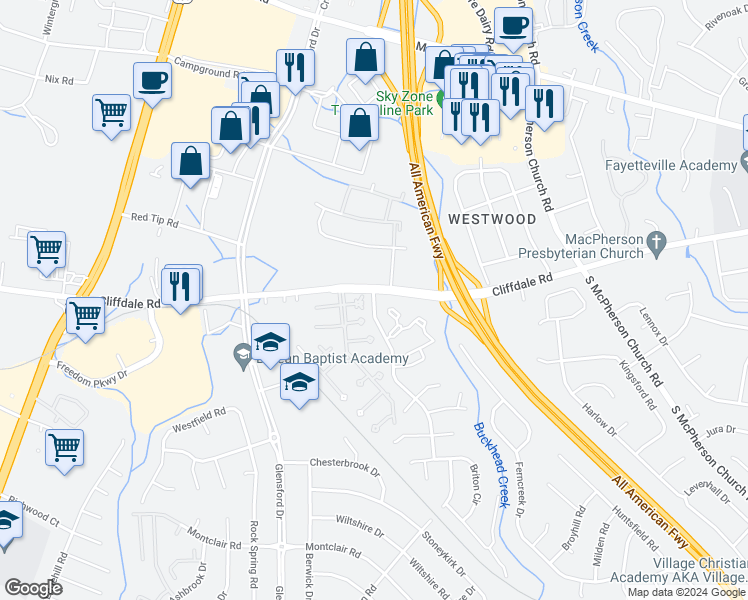 map of restaurants, bars, coffee shops, grocery stores, and more near 413 Tradewinds Drive in Fayetteville
