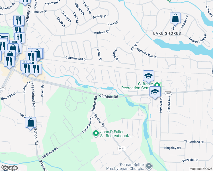 map of restaurants, bars, coffee shops, grocery stores, and more near 663 Bartons Landing Place in Fayetteville