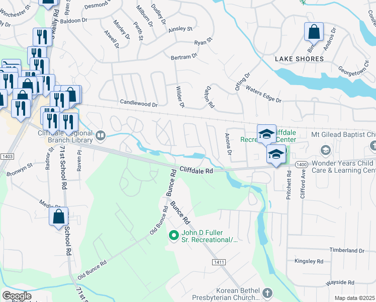 map of restaurants, bars, coffee shops, grocery stores, and more near 663 Bartons Landing Place in Fayetteville